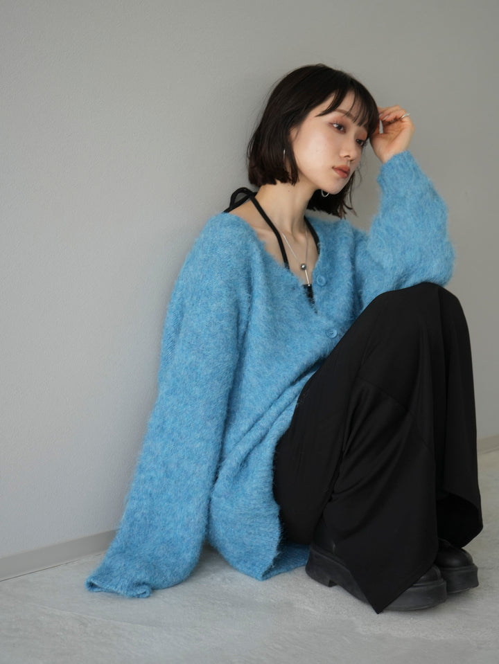【預訂】羊毛混紡馬海毛毛茸茸針織開襟衫/藍色