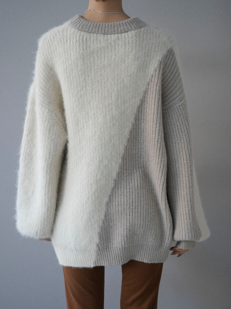予約]異素材配色ボリュームスリーブニット/アイボリー – Lumier