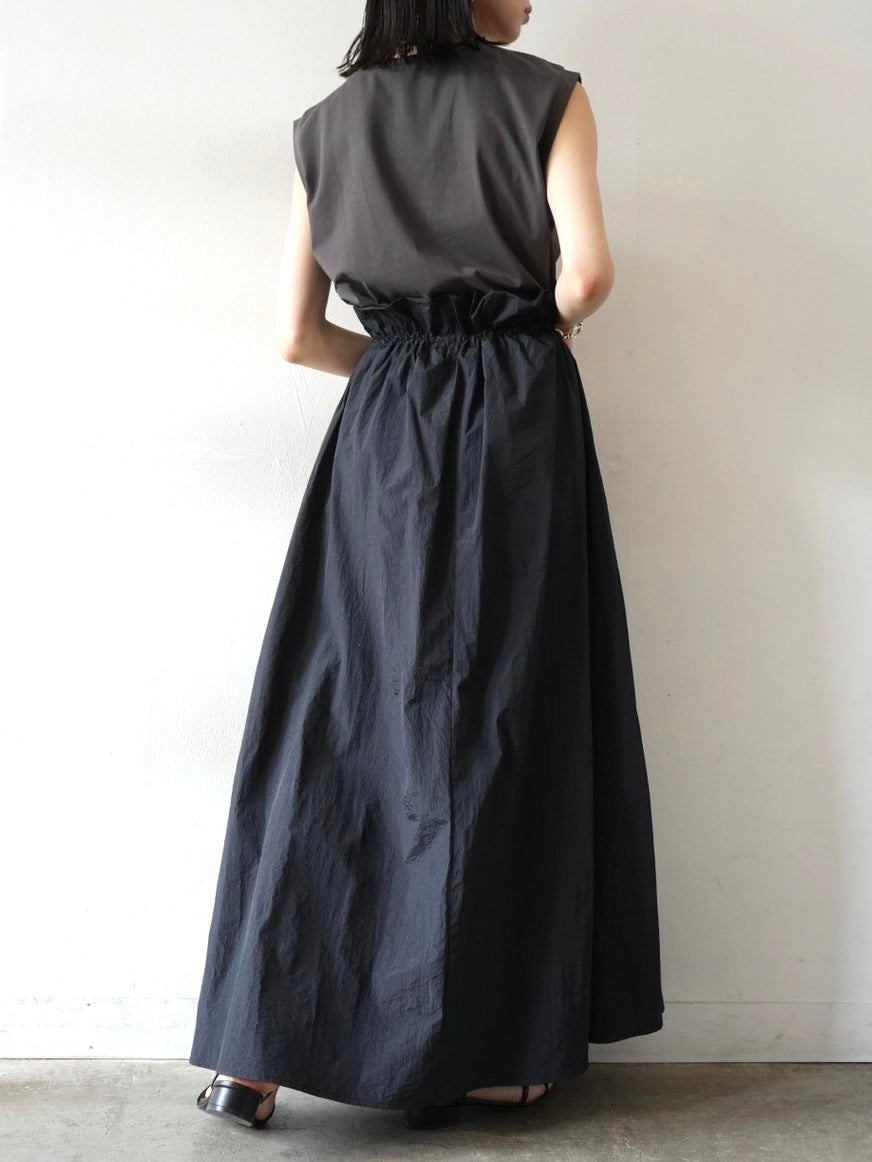 Nylon drawstring design maxi skirt/black