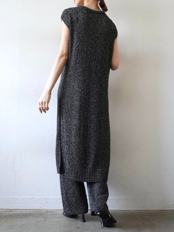 Linen touch nep knit pants/black