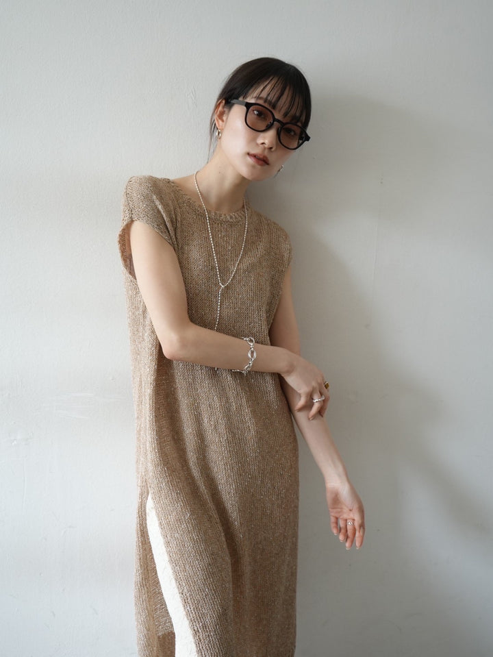 Side slit linen touch nep knit dress / beige