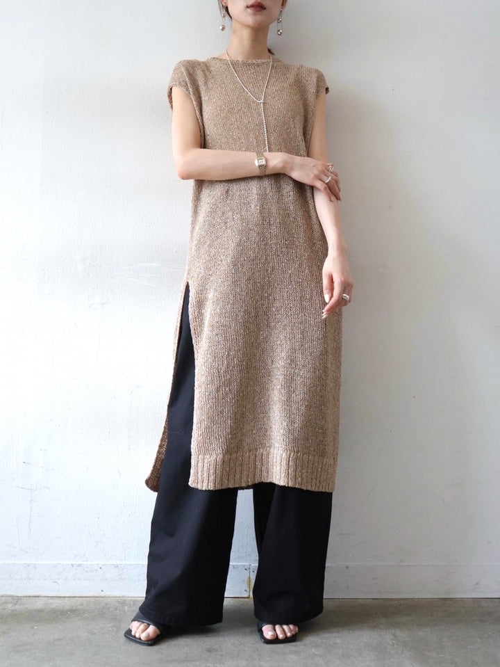 Side slit linen touch nep knit dress / beige