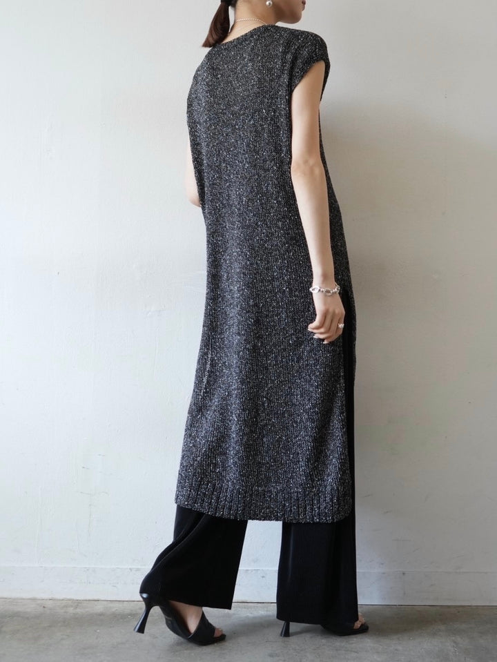Side slit linen touch nep knit dress/black