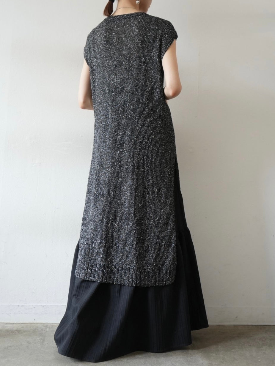 Side slit linen touch nep knit dress/black