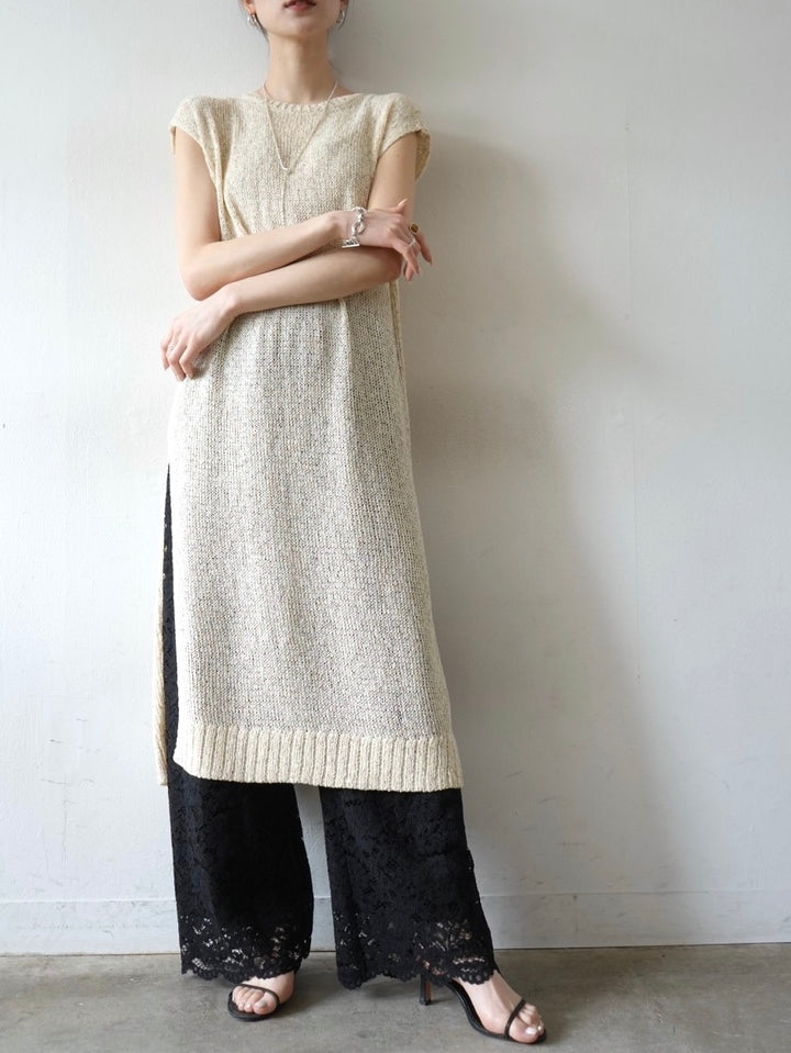 Side slit linen touch nep knit dress / ivory
