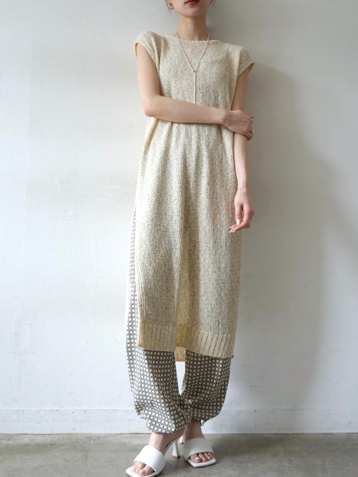 Side slit linen touch nep knit dress / ivory