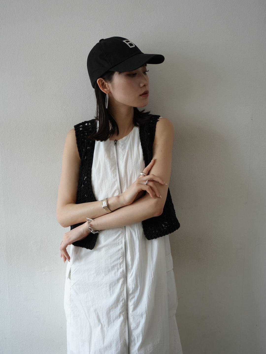 Front Zip Nylon Cargo Dress/Ivory