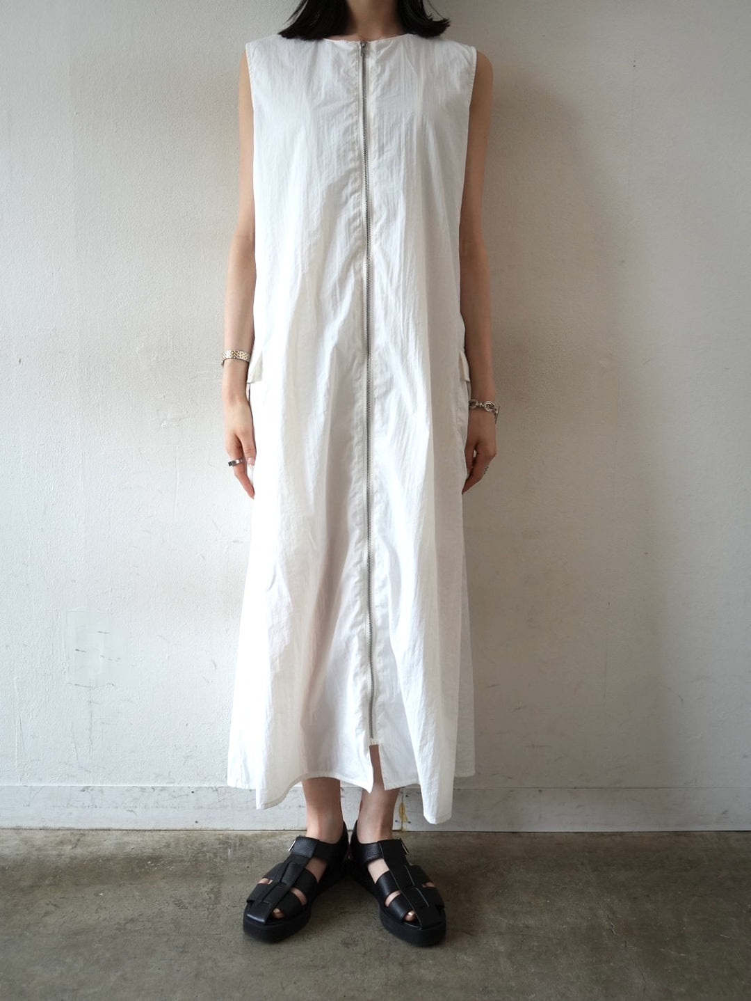 Front Zip Nylon Cargo Dress/Ivory