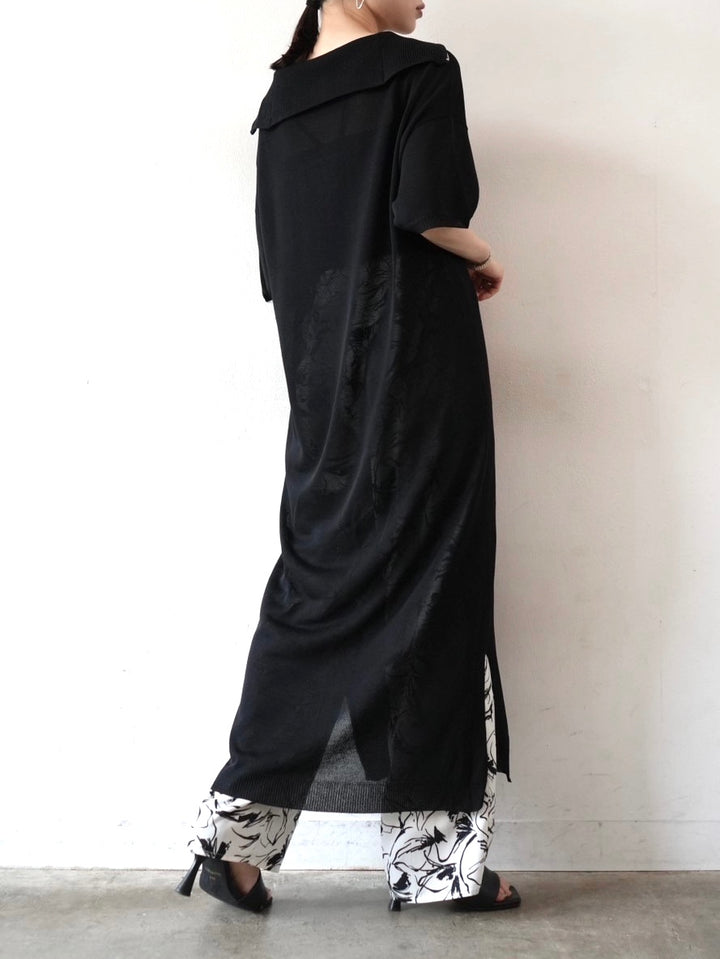 半拉鍊透明針織洋裝/黑色