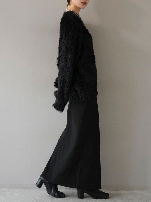 【預訂】小頸捲袖毛茸茸針織/黑色