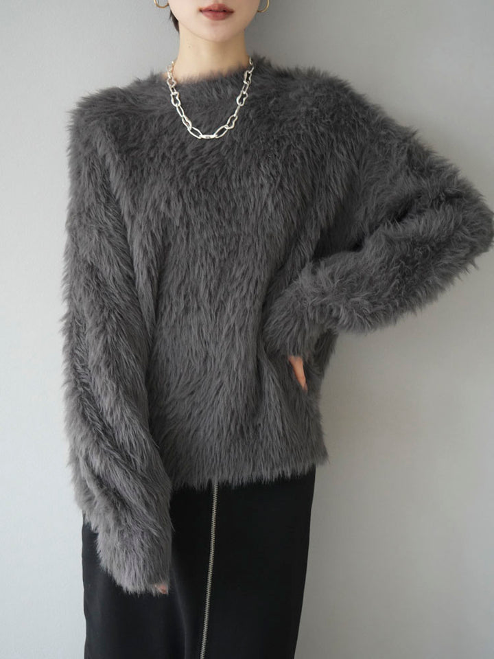 [Pre-order] Petite neck volume sleeve shaggy knit/charcoal