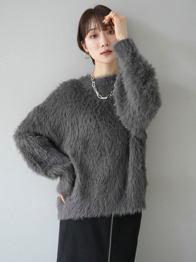 [Pre-order] Petite neck volume sleeve shaggy knit/charcoal