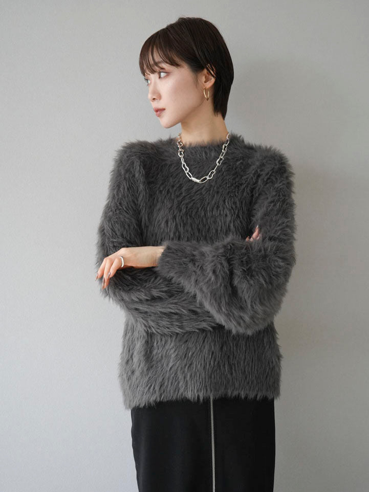 [Pre-order] Petite neck volume sleeve shaggy knit/charcoal