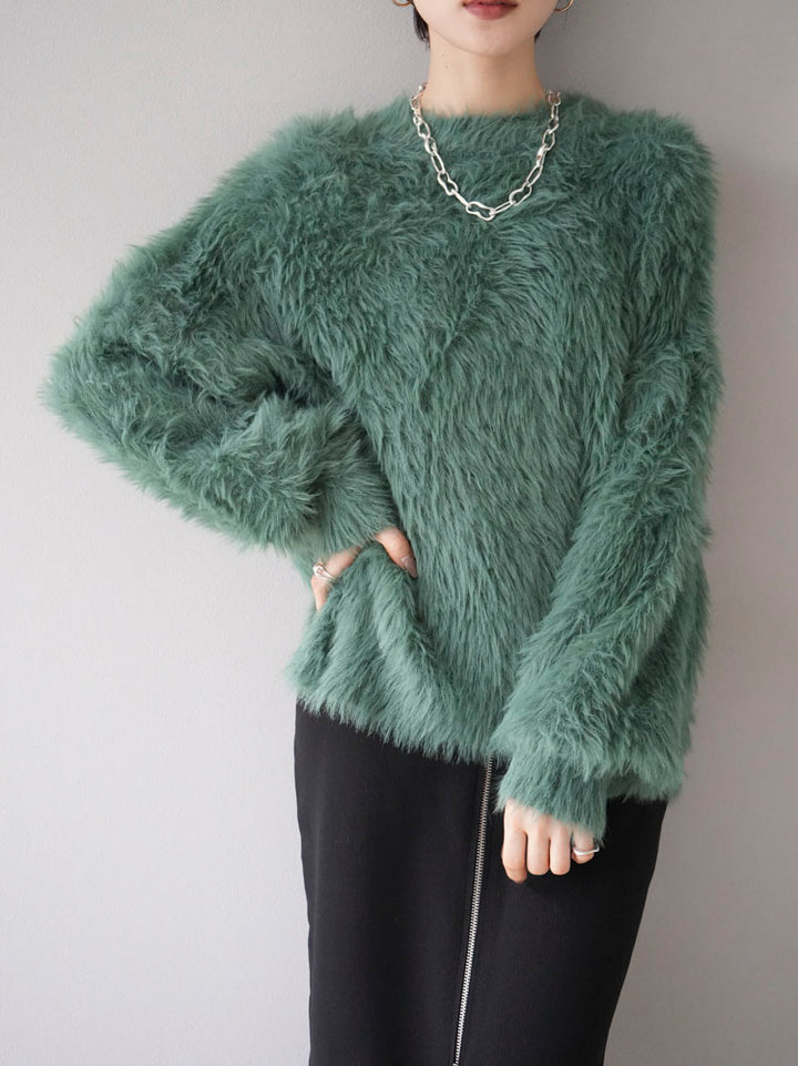 [Pre-order] Petite neck volume sleeve shaggy knit/green