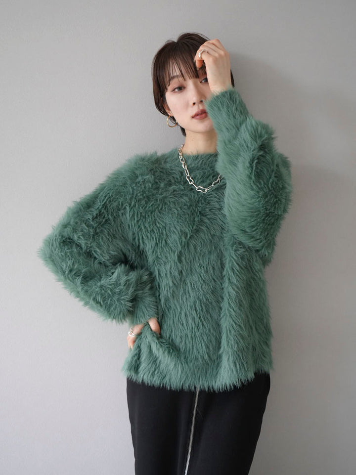 [Pre-order] Petite neck volume sleeve shaggy knit/green