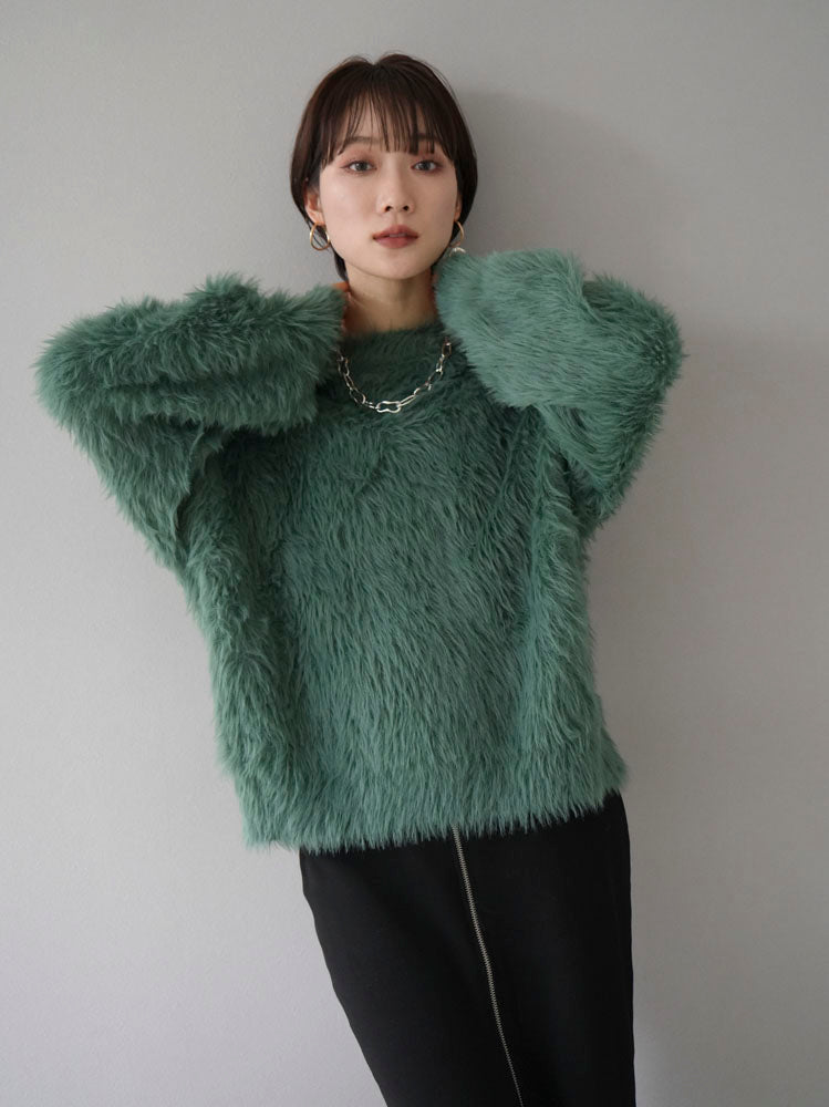 [Pre-order] Petite neck volume sleeve shaggy knit/green