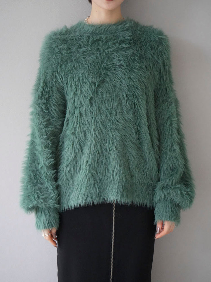 [Pre-order] Petite neck volume sleeve shaggy knit/green