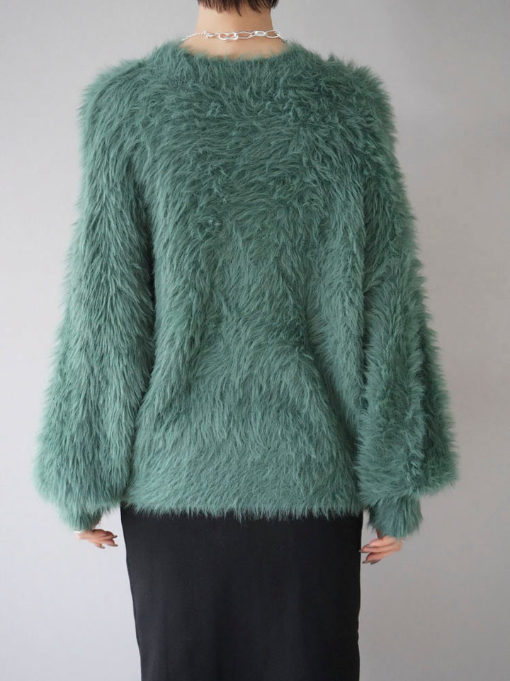 [Pre-order] Petite neck volume sleeve shaggy knit/green