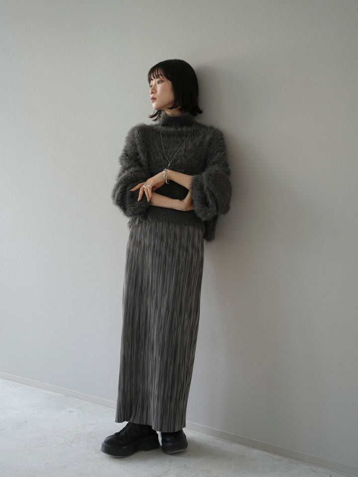 [Pre-order] High neck volume sleeve shaggy knit/charcoal