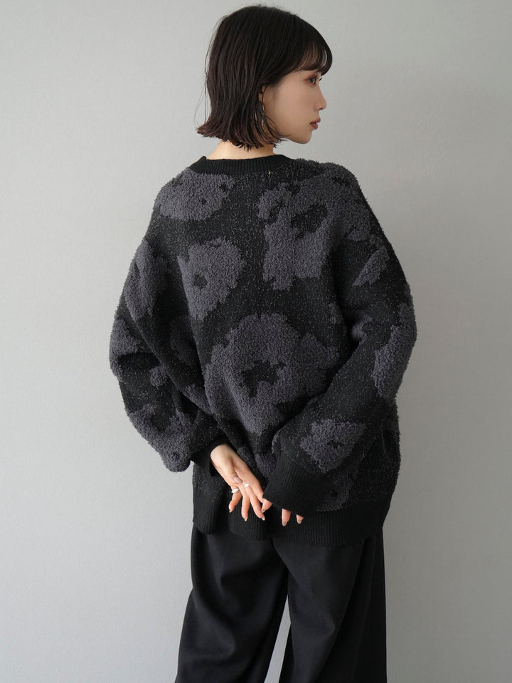 [Pre-order] Mixed material nuance pattern knit/black x charcoal