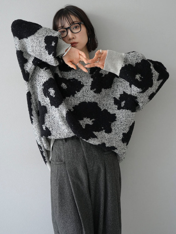 [Pre-order] Mixed material nuance pattern knit/gray x black