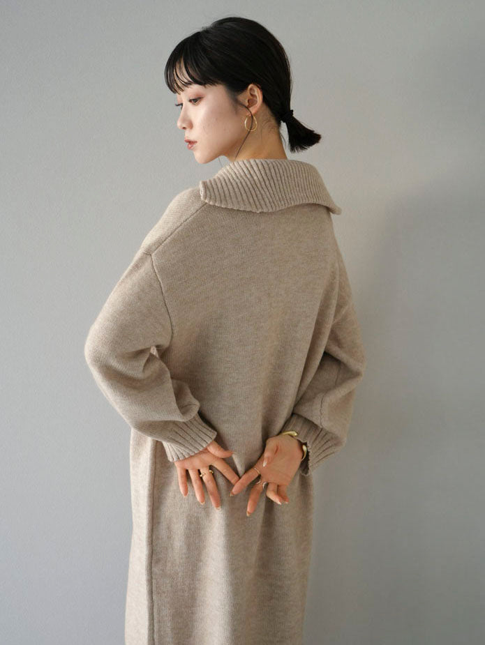 High neck zip knit dress/beige