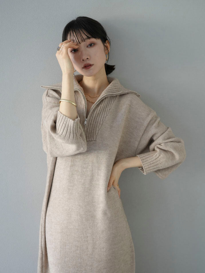 High neck zip knit dress/beige
