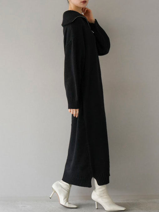 High neck zip knit dress/black