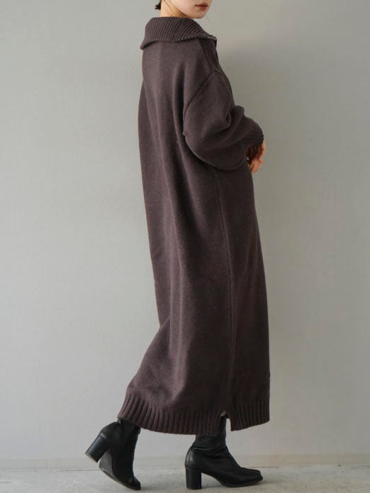 High neck zip knit dress/brown
