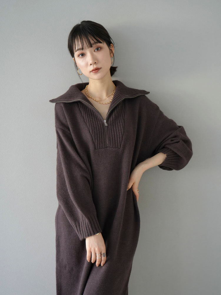 ハイネックジップニットワンピース/ブラウン – Lumier