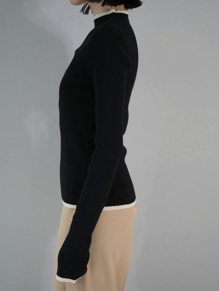 [Pre-order] Finger hole color scheme high neck ribbed knit top/black