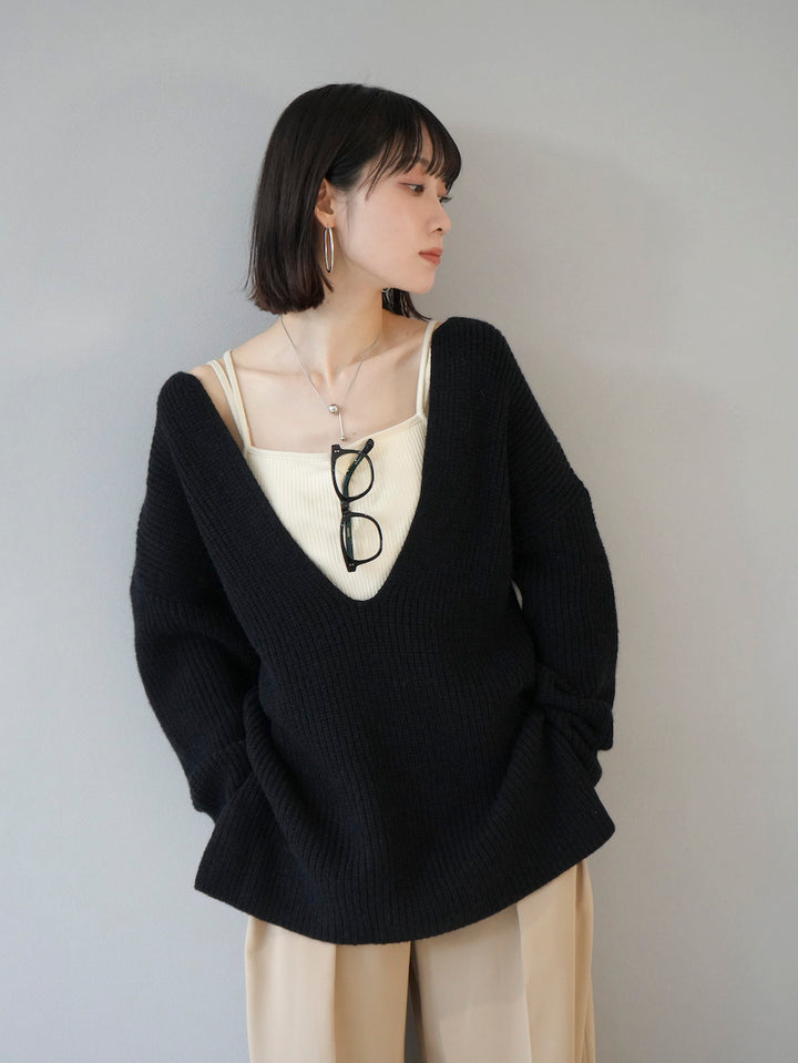 [Pre-order] Rib knit deep V knit pullover/Black