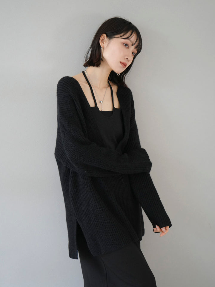 [Pre-order] Rib knit deep V knit pullover/Black
