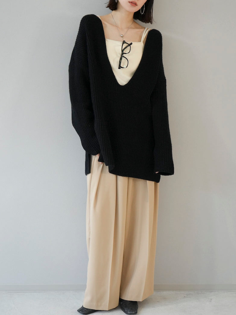 予約]畦編み深Vニットプルオーバー/ブラック – Lumier