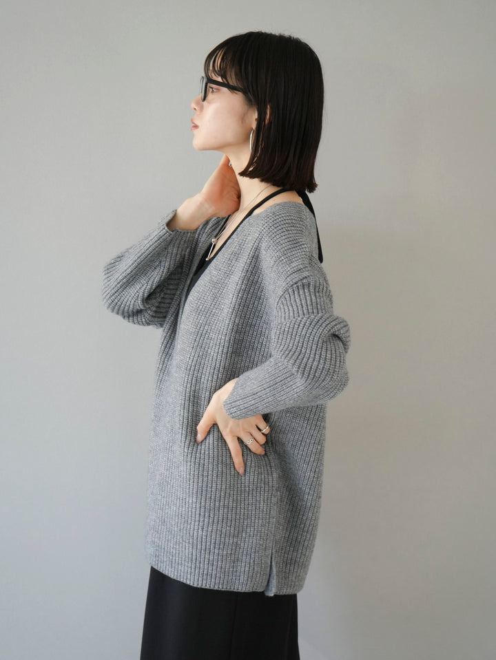 [Pre-order] Rib knit deep V knit pullover/gray