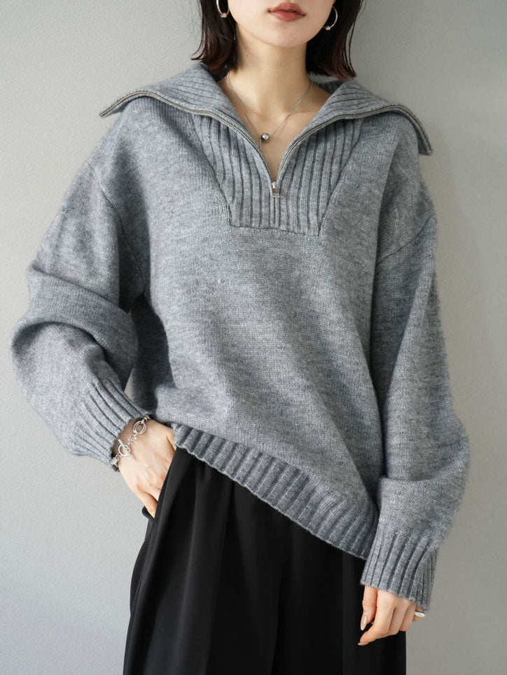 [Pre-order] Half-zip high-neck knit pullover/gray