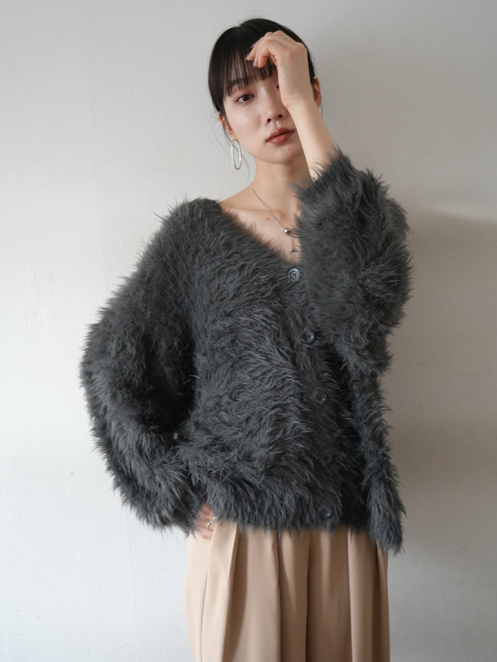 [Pre-order] V-neck shaggy knit cardigan/charcoal