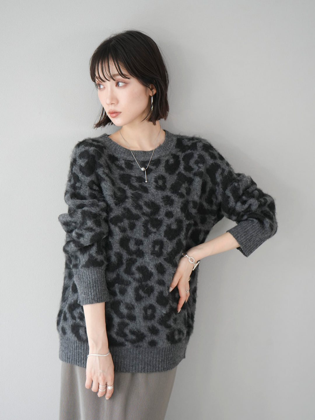 [Pre-order] Leopard Mohair Touch Knit Pullover/Charcoal