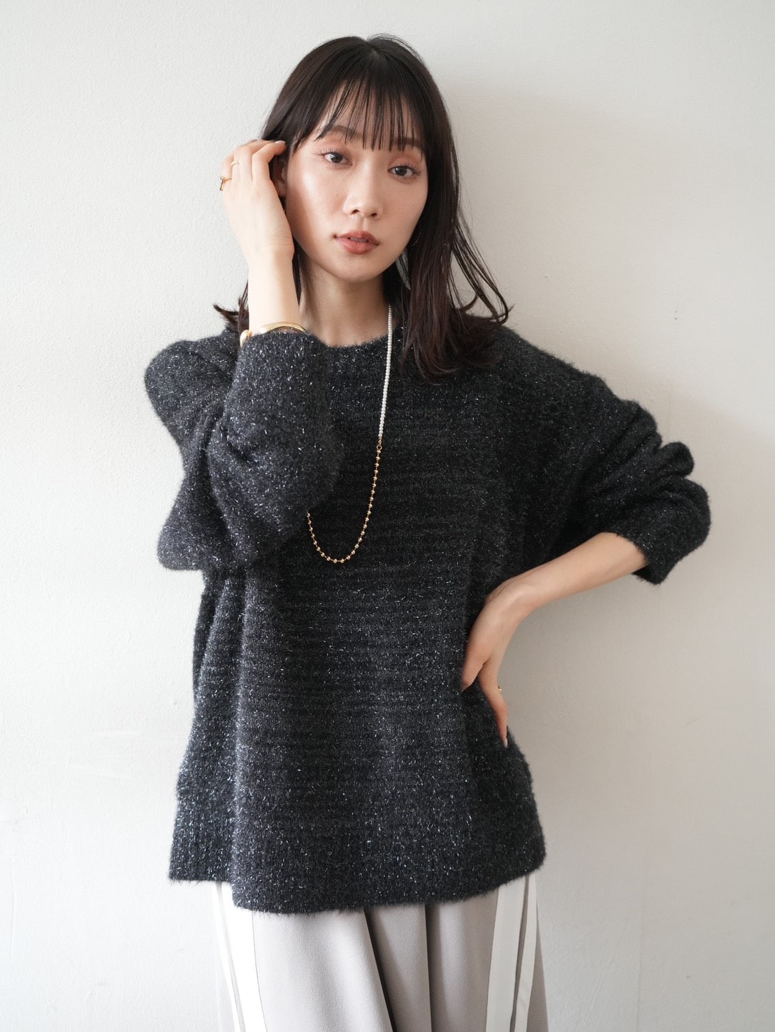 LUDLOW ラドロー ラメニット S-LL】大人上品な ラメフェザー ボートネックニット（ニット/セーター