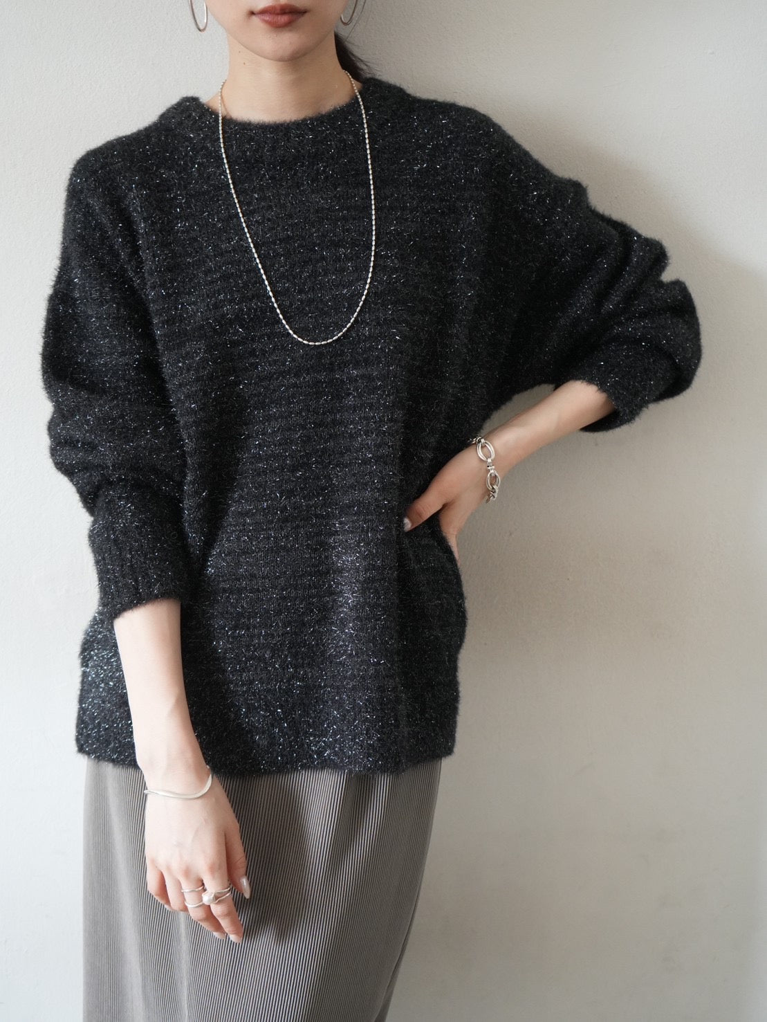 予約]ラメジャギーニットプルオーバー/ブラック – Lumier