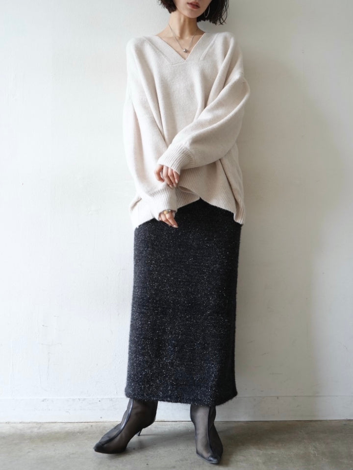 [予約]ラメシャギーニットタイトスカート/ブラック