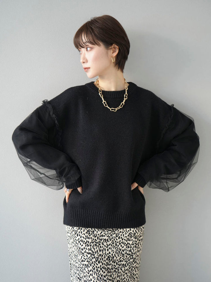 [Pre-order] Tulle layered sleeve knit pullover/black