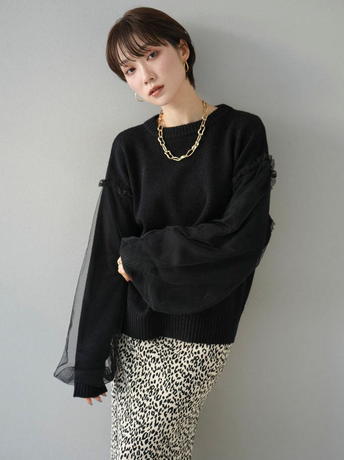 [Pre-order] Tulle layered sleeve knit pullover/black