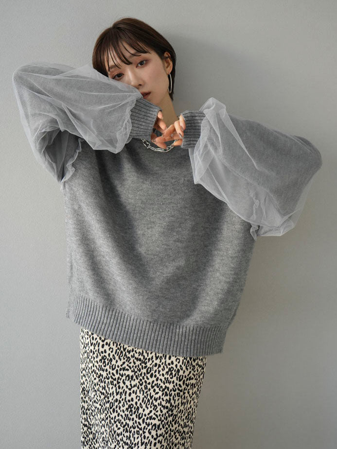 [Pre-order] Tulle layered sleeve knit pullover/gray