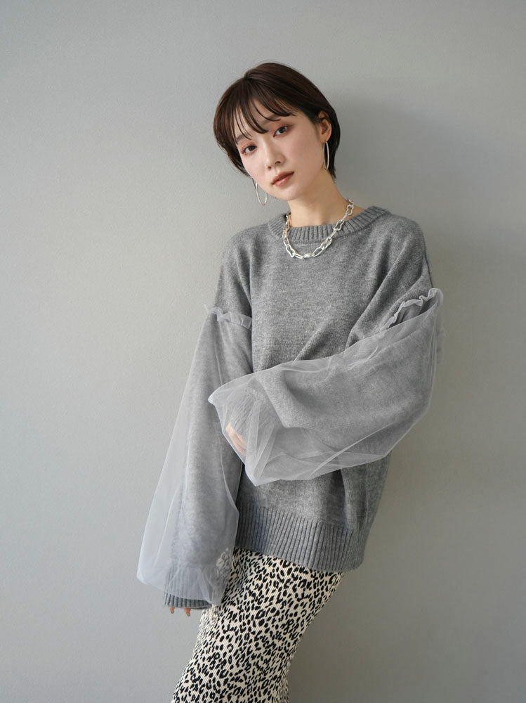 [Pre-order] Tulle layered sleeve knit pullover/gray