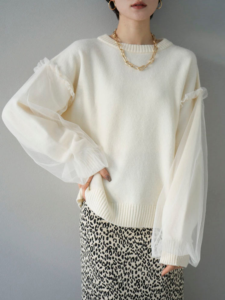 [Pre-order] Tulle layered sleeve knit pullover/ivory