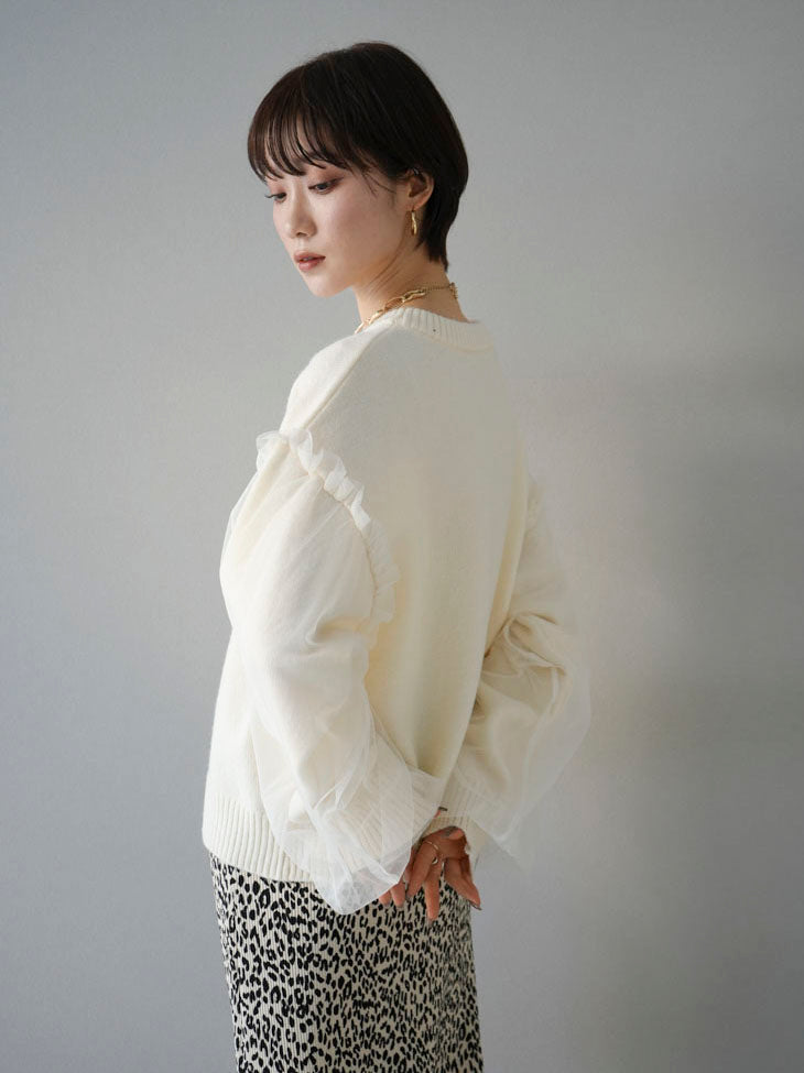 [Pre-order] Tulle layered sleeve knit pullover/ivory