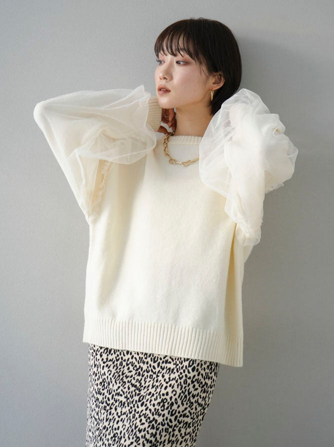 [Pre-order] Tulle layered sleeve knit pullover/ivory