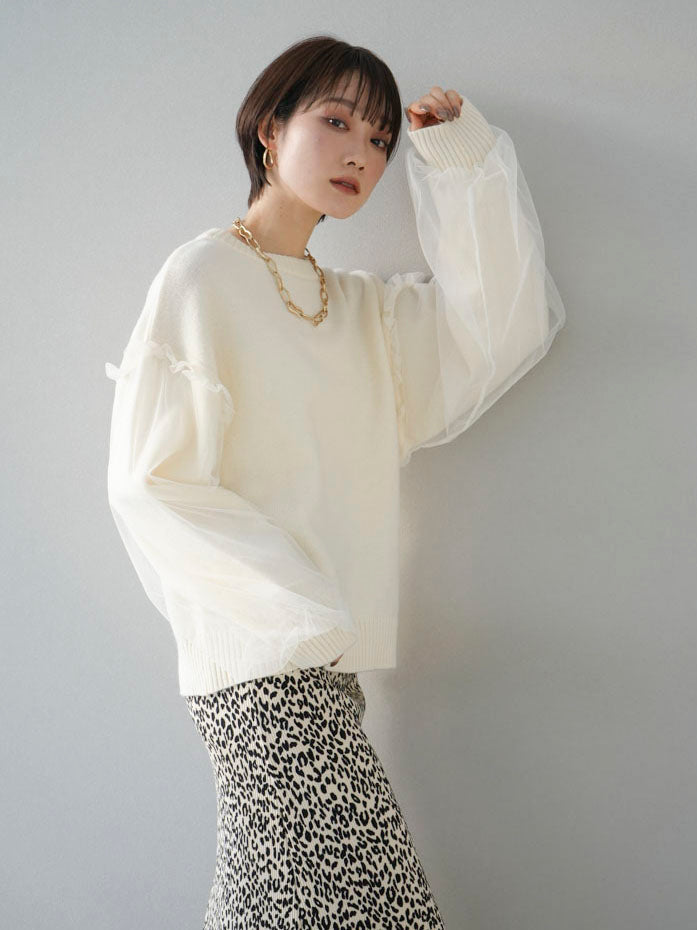 [Pre-order] Tulle layered sleeve knit pullover/ivory