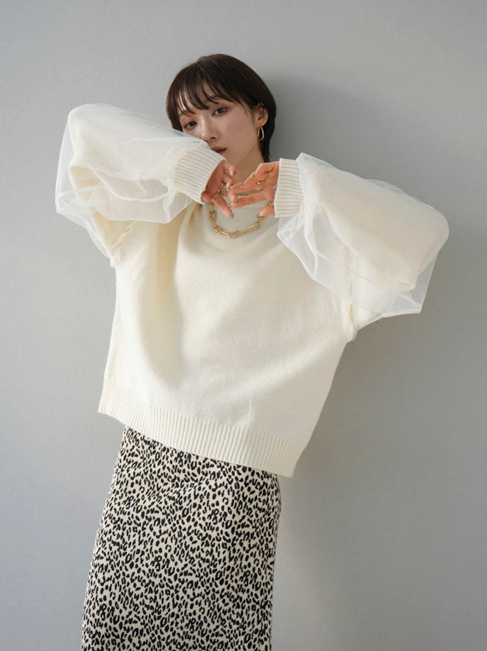 [Pre-order] Tulle layered sleeve knit pullover/ivory